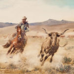 "My great interest in the work of Edward Borein stems from childhood visits to his studio. It was a wonderful experience to listen to his stories about bygone days while watching him sketch a cowboy roping a steer.

This is probably one of the finest watercolors ever painted by Borein because of the quality of the draftsmanship, plus the beautiful action of the principal figures. It is my favorite." - Katherine Haley, 1988

"Since my mother's death in December 1999, the California Vaquero has been hanging in the living room at the ranch. I believe it is time that the painting has the chance to be in the public again, to carry on the legacy that my mother started over a half century ago. I hope you will all love it as much as we have." - Roger Haley, 2011

Once the centerpiece of Katherine Haley's magnificent Borein collection, this watercolor is the most recent addition to our museum, and is considered to be one of Edward Borein's finest works.

California Vaquero
John Edward Borein (American, 1872-1945)
Watercolor on paper
Museum Acquisition Fund
Through the generosity of the Friends of Edward Borein