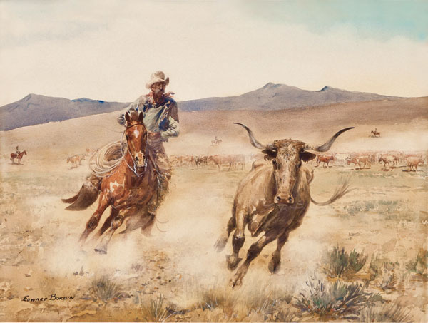 "My great interest in the work of Edward Borein stems from childhood visits to his studio. It was a wonderful experience to listen to his stories about bygone days while watching him sketch a cowboy roping a steer.

This is probably one of the finest watercolors ever painted by Borein because of the quality of the draftsmanship, plus the beautiful action of the principal figures. It is my favorite." - Katherine Haley, 1988

"Since my mother's death in December 1999, the California Vaquero has been hanging in the living room at the ranch. I believe it is time that the painting has the chance to be in the public again, to carry on the legacy that my mother started over a half century ago. I hope you will all love it as much as we have." - Roger Haley, 2011

Once the centerpiece of Katherine Haley's magnificent Borein collection, this watercolor is the most recent addition to our museum, and is considered to be one of Edward Borein's finest works.

California Vaquero
John Edward Borein (American, 1872-1945)
Watercolor on paper
Museum Acquisition Fund
Through the generosity of the Friends of Edward Borein